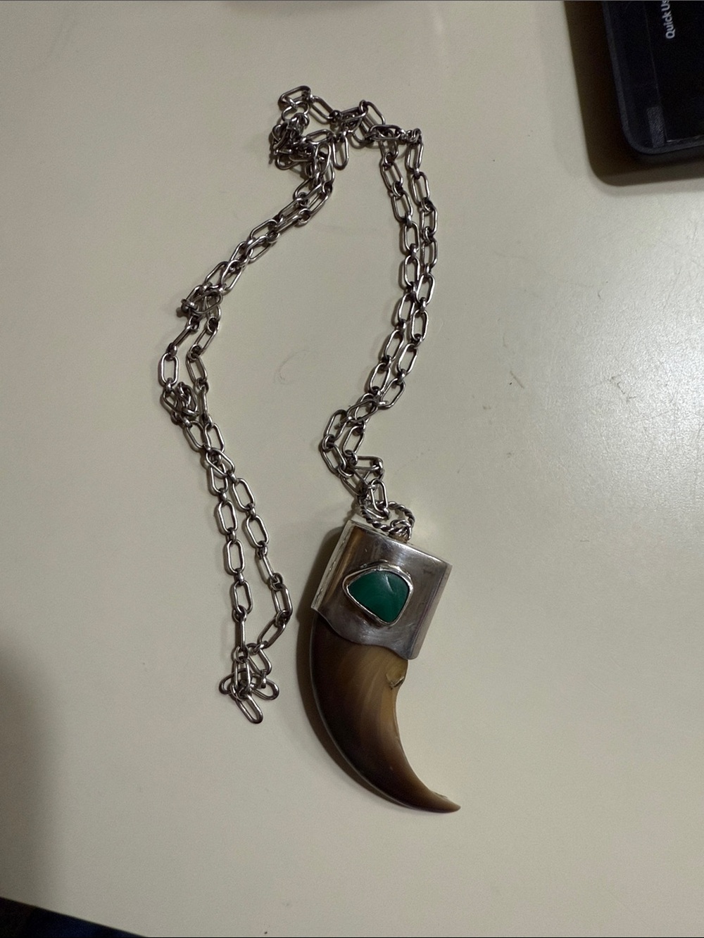 Native American sterling silver necklace w/ bear claw and green turquoise stone